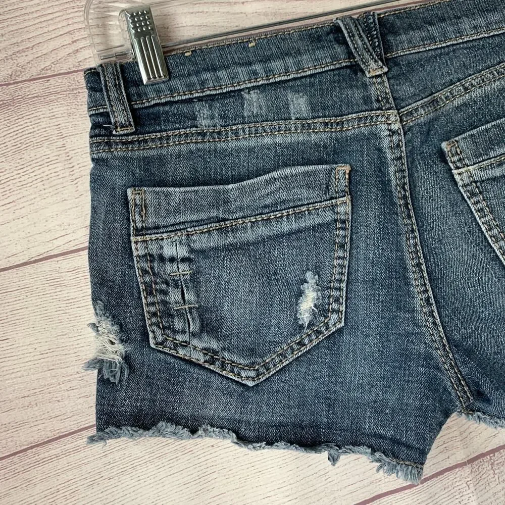 Mudd Juniors Distressed Jean Cutoff Shorts Crochet Lace Side Panels Y2K Size 7